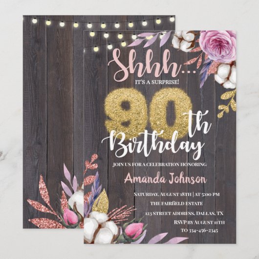 Katoen Floral Rustic Wood 90th Birthday Uitnodigin Kaart (Voorkant / Achterkant)