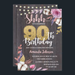 Katoen Floral Rustic Wood 90th Birthday Uitnodigin Kaart<br><div class="desc">Rustic Wood Birthday Invitation Kaart met Blush Pink Cotton Floral,  Gold Glitter Numbers & String Lights</div>