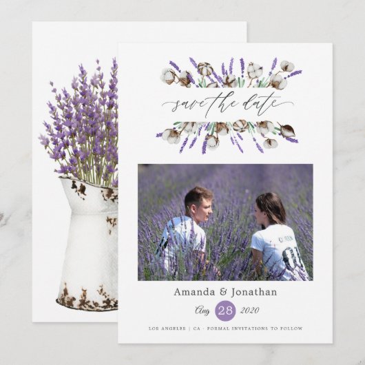 Katoen Lavendel Foto Bruiloft Save The Date (Voorkant / Achterkant)