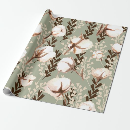 Katoen Plant Patroon Groen Cadeaupapier (Uitgerold)