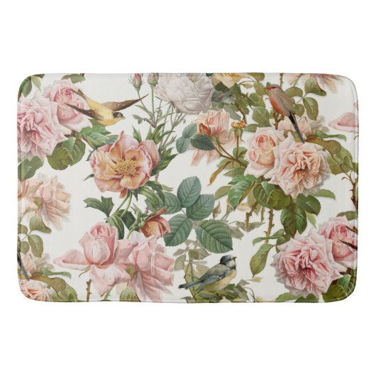 Katoen Roze botanische Rozen en vogels Badmat (Voorkant)