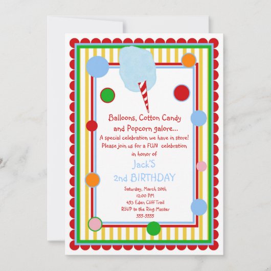 Katoen Snoep Circus Carnival Birthday Uitnodiging (Voorkant)