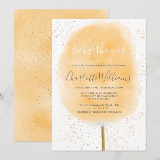 Katoen snoep glitter geel waterverf baby shower kaart (Voorkant / Achterkant)