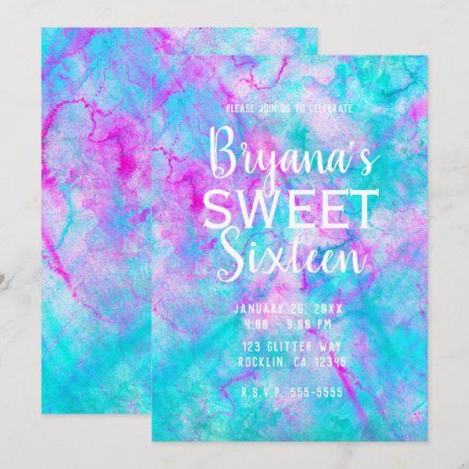 Katoen Snoep Roze & Blauw Waterverf Sweet 16 Party Kaart (Voorkant / Achterkant)