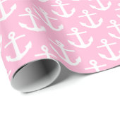 Katoen Snoep Roze Wit Nautische Ankers Patroon Cadeaupapier (Rol Hoek)