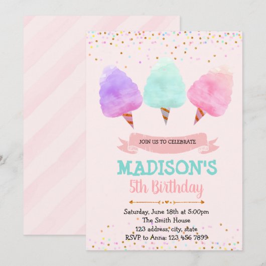 Katoen snoep verjaardagsfeest uitnodiging (Voorkant / Achterkant)