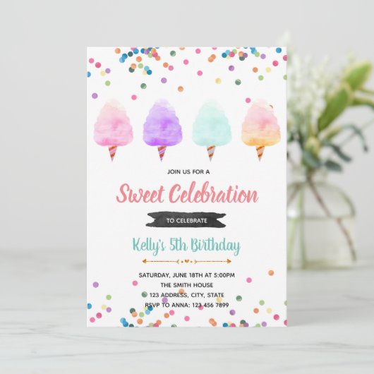 Katoen snoep verjaardagsfeest uitnodiging (Staand voorkant)