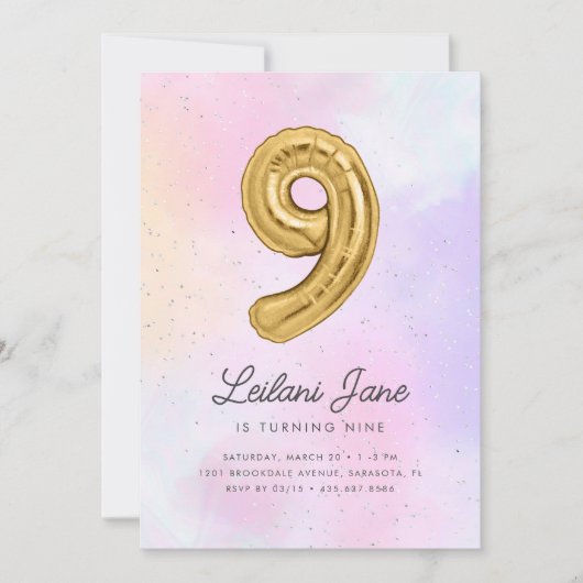 Katoen Snoep Waterverf Meisjes 9e Verjaardagsballo Kaart (Voorkant)