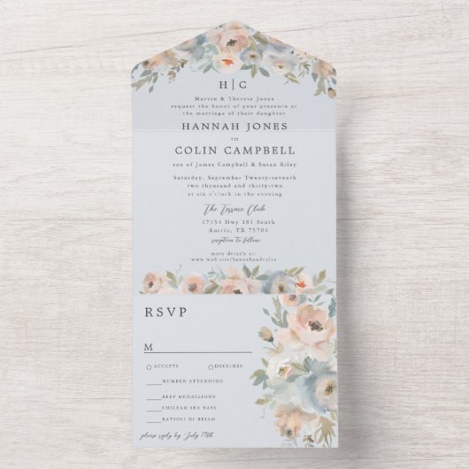 Katoen Tuinpasta Blauw Perzenkoraal All In One Uitnodiging (Binnen)