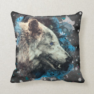 *~* Katoen Wolf Totem Blue Abstract Kussen