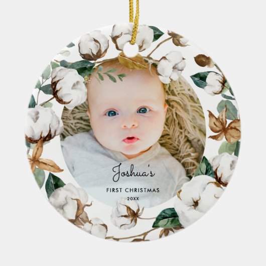 Katoen Wreate Baby 1e kerstfoto-ornament Keramisch Ornament (Voorkant)
