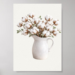 Katoenbloemen in witte vaas Botanisch boerderijhui Poster