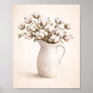 Katoenbloemen in witte vaas Neutrale boerderijstij Poster