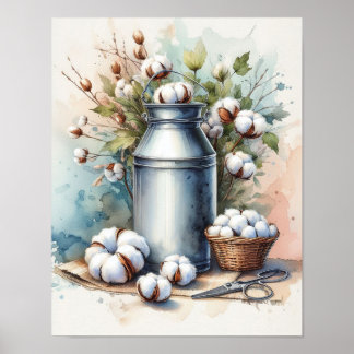Katoenboeket in een melkkan poster