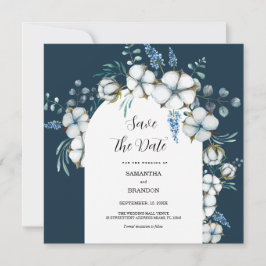 Katoenen bloemen en eucalyptus save the date