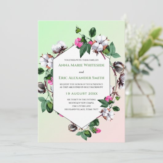 Katoenen Bollen Bloemen Roze Groene Huwelijksuitno Kaart (Staand voorkant)