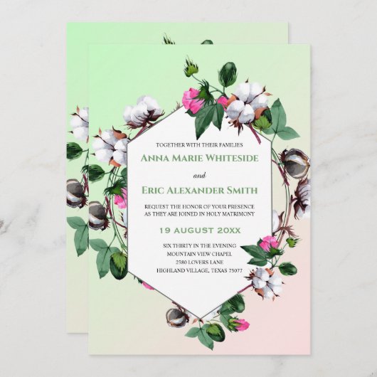 Katoenen Bollen Bloemen Roze Groene Huwelijksuitno Kaart (Voorkant / Achterkant)