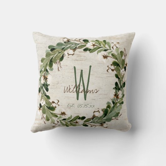 Katoenen Krans Birch Bark Monogram Wedding Keepsak Kussen (Achterkant)