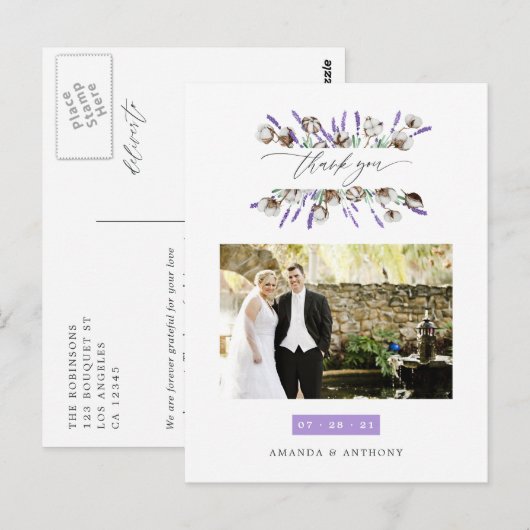 Katoenen Lavendel Trouwfoto Bedankt Briefkaart (Voorkant / Achterkant)