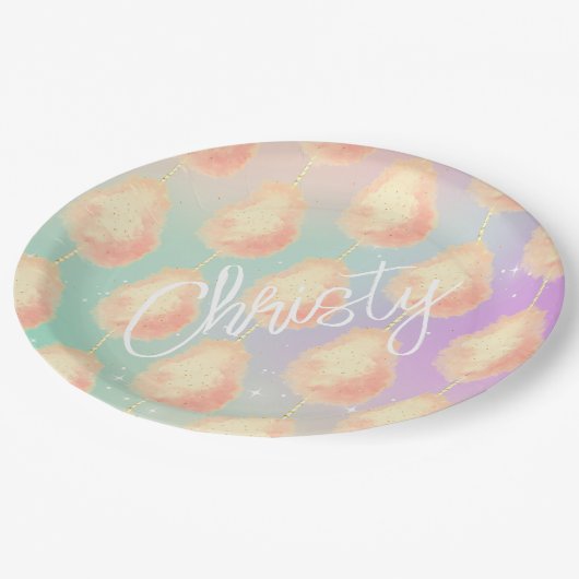 Katoenen snoep sterstof perzik blauwgroen paarse p papieren bordje (Gekanteld)