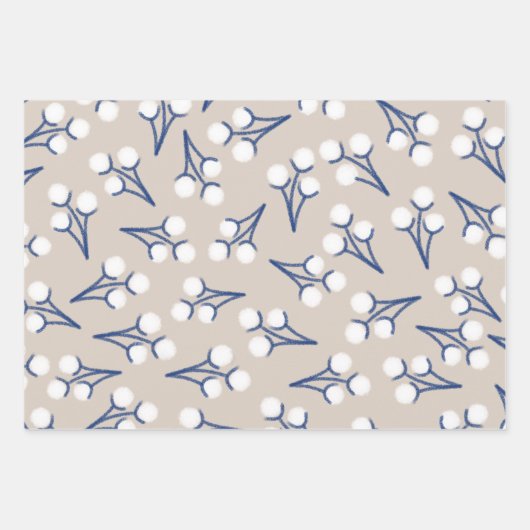 Katoenen Stems Botanisch Patroon in Blauw en Steen Inpakpapier Vel (Voorkant 3)