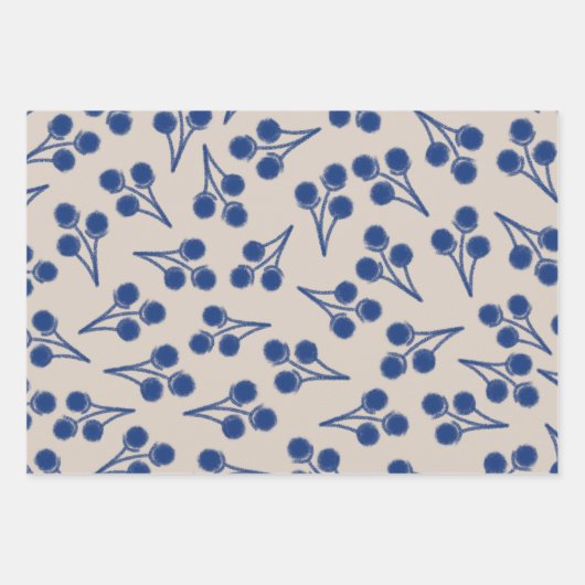 Katoenen Stems Botanisch Patroon in Blauw en Steen Inpakpapier Vel (Voorkant 2)