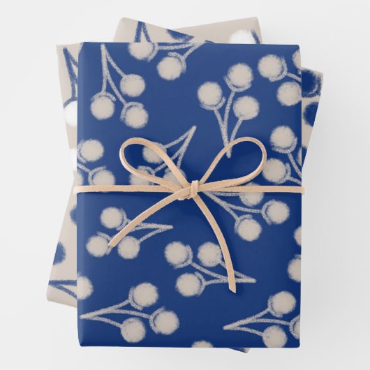 Katoenen Stems Botanisch Patroon in Blauw en Steen Inpakpapier Vel (In situ)