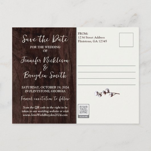 Katoenen stengels in pitcher bruiloft de datum ops briefkaart (Achterkant)