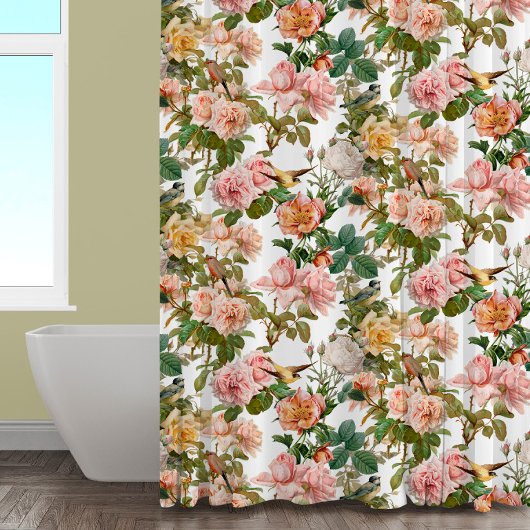  katoenhoudend roze botanische roze rozen en vogel douchegordijn