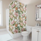  katoenhoudend roze botanische roze rozen en vogel douchegordijn (In situ)