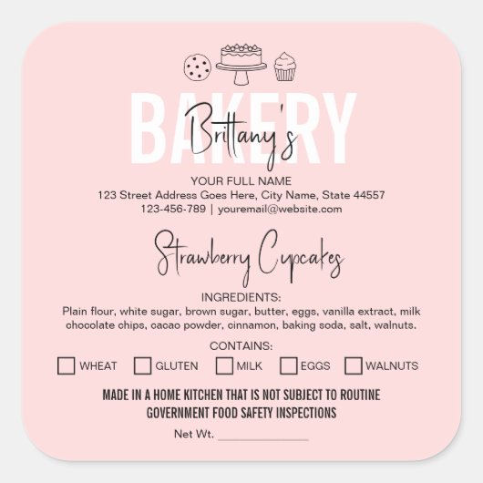Katoenlabel Bakery Feminine Ingredients Vierkante Sticker (Voorkant)