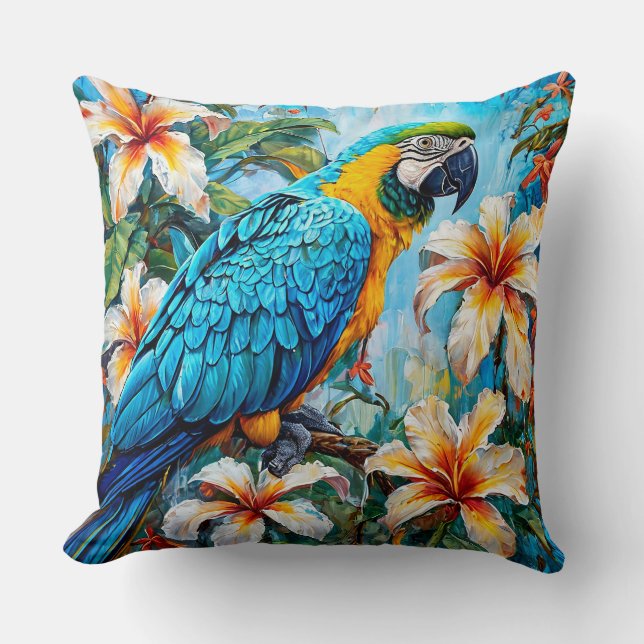 Katoenparkiet met bloementuin Tropische Vogel Kussen (Voorkant)