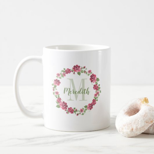 Katoenstijl Floral roze rozen, groot monogram Koffiemok (Met donut)