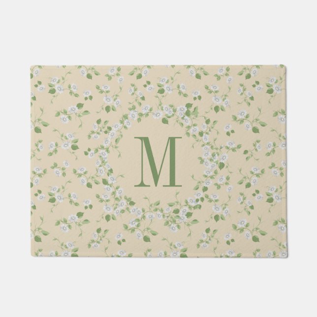 Katoenstijl Floral White Daisies Cream Monogram Deurmat (Voorkant)