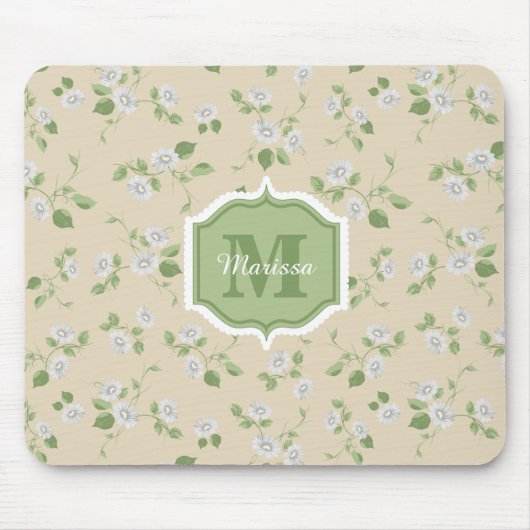 Katoenstijl Floral White Daisies Cream Monogram Muismat (Voorkant)