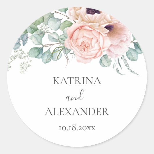 Katrina Floral Pink Boho Chic Wedding Ronde Sticker (Voorkant)