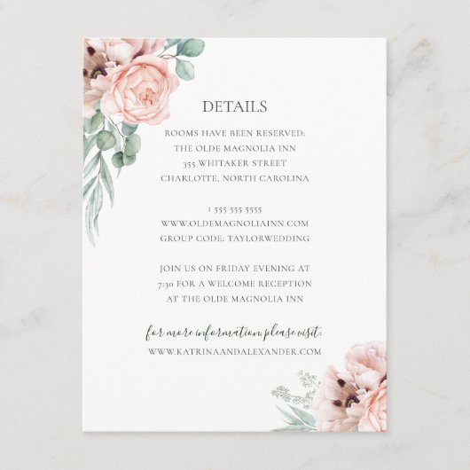 Katrina Pink Floral Wedding Guest Details Informatiekaartje (Voorkant)