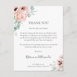Katrina Pink Floral Wedding Reception Dank je Briefkaart