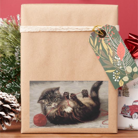 Kat's slede, een kat-speelbak van Yarn Rechthoekige Sticker (Feestdagen)