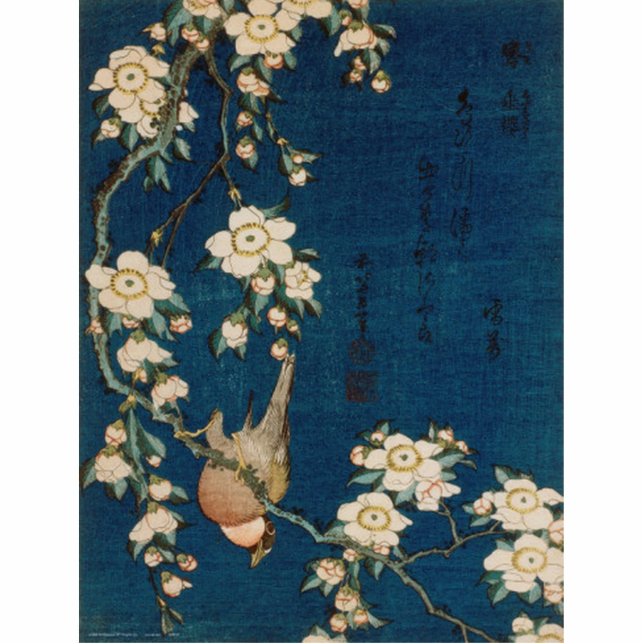 Katsushika Hokusai 葛 飾 北 Goldfinch en Cherry Tree Staand Fotobeeldje (Voorkant)