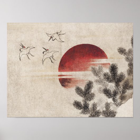Katsushika Hokusai-Birds en sunset Poster (Voorkant)