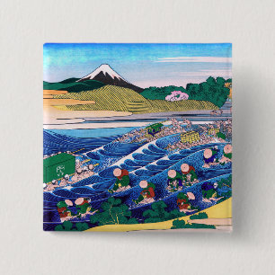 Katsushika Hokusai - Fuji van Kanaya op Tokaido Vierkante Button 5,1 Cm