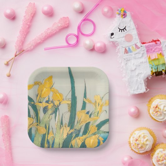 Katsushika Hokusai - Grasshopper en Iris Papieren Bordje (Feest)