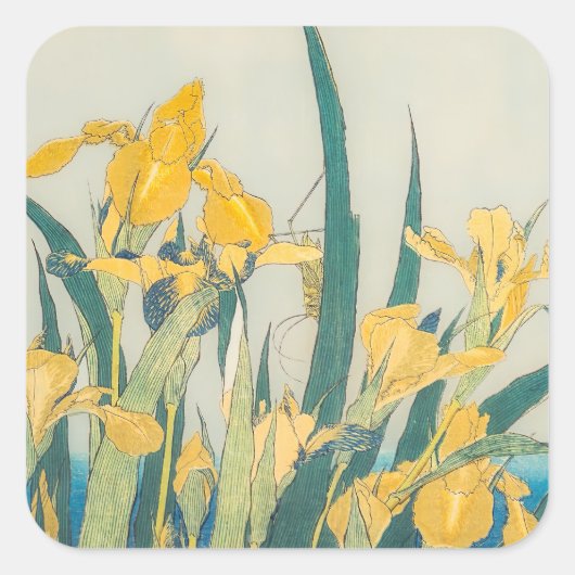 Katsushika Hokusai - Grasshopper en Iris Vierkante Sticker (Voorkant)