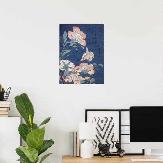 Katsushika Hokusai Peonies en Canarische Eilanden Poster (Thuiskantoor)