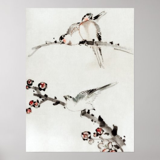 Katsushika Hokusai Three Birds Perds on Branches Poster (Voorkant)