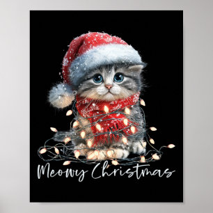 Kattekerstmis Zwarte Kat Lichten Kerstman Hoed Gra Poster