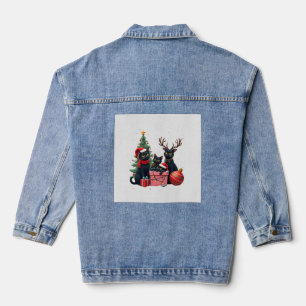 Kattekerstmis Zwarte Katten Spelen Kerstboom Licht Denim Jacket