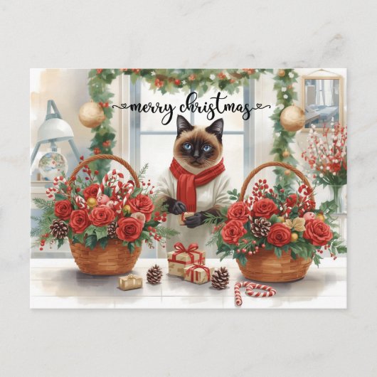 Katten arrangeert Winterbloemen voor Kerstvakantie Feestdagenkaart (Voorkant)