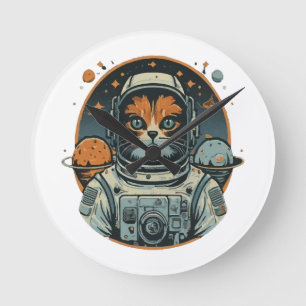 Katten-astronaut op asteroïden ronde klok